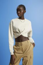 Women Esprit Light Taupe Cropped knot detail sweatshirt Sweatshirts & Hoodies XF4444218
