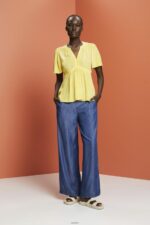 Women Esprit Light Yellow Short sleeve blouse with tie belt Blouses XF4444222 - Image 2