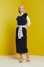 Women Esprit Navy Drawstring Crepe Midi Dress Dresses XF444451 - Image 2