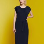 Women Esprit Navy Drawstring Crepe Midi Dress Dresses XF444451