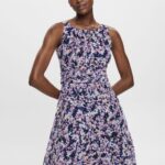 Women Esprit Navy Floral Recycled: Chiffon dress with a gathered waist Dresses XF444468
