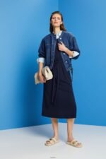 Women Esprit Navy Jersey midi dress with a tie belt Dresses XF444463 - Image 2