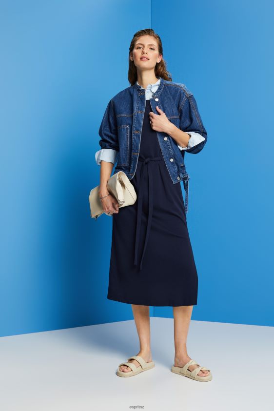 Women Esprit Navy Jersey midi dress with a tie belt Dresses XF444463 - Image 2