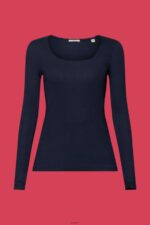 Women Esprit Navy Ribbed long sleeve top Long Sleeve XF444490 - Image 5