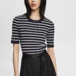 Women Esprit Navy Short-sleeved ribbed sweater Sweaters XF4444319
