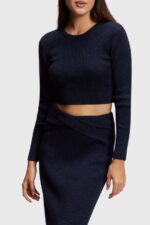Women Esprit Navy Twisted back metallic sweater Sweaters XF4444358