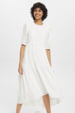 Women Esprit Off White Lightweight midi dress with balloon sleeves Dresses XF4444294