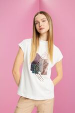 Women Esprit Off White Sequin applique t-shirt, TENCEL T-Shirts XF4444399
