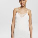 Women Esprit Off White Top with lace, LENZING ECOVERO Top XF4444243