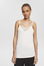 Women Esprit Off White Top with lace, LENZING ECOVERO Top XF4444243