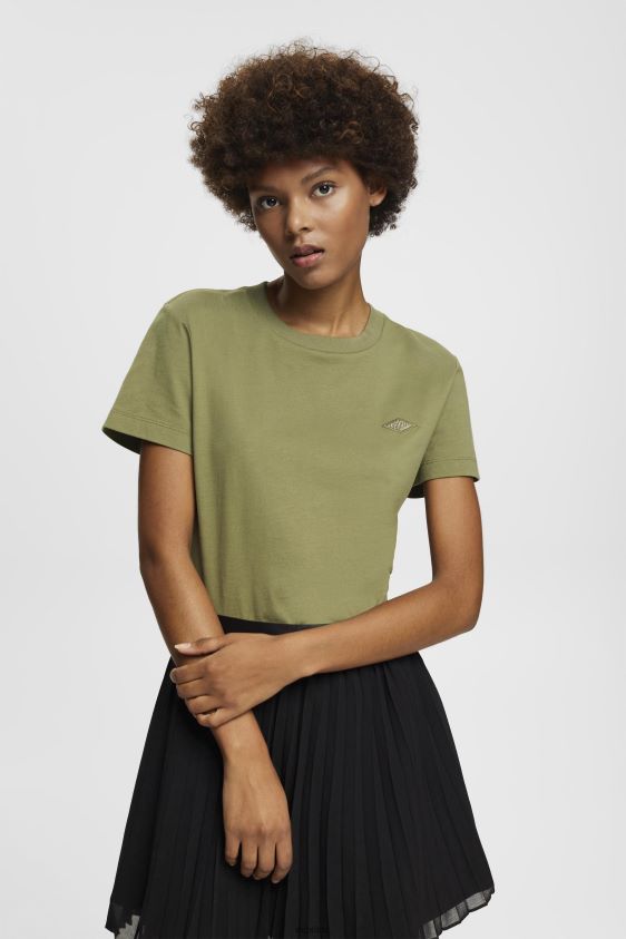 Women Esprit Olive Cotton T-shirt with embroidered logo T-Shirts XF4444149 - Image 1
