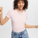 Women Esprit Pastel Pink Ribbed jersey t-shirt T-Shirts XF44442