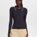 Women Esprit Petrol Blue Button Front Knit Polo Top Sweaters XF444422
