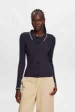 Women Esprit Petrol Blue Button Front Knit Polo Top Sweaters XF444422
