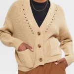 Women Esprit Sand Chunky-knit cotton blend cardigan Sweaters XF4444392