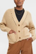 Women Esprit Sand Chunky-knit cotton blend cardigan Sweaters XF4444392