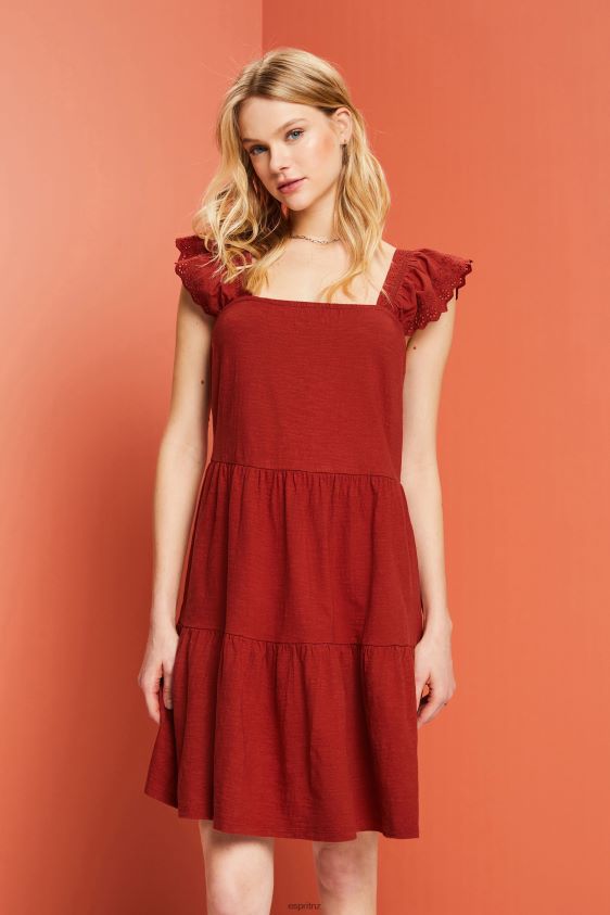 Women Esprit Terracotta Jersey dress with embroidered lace sleeves Dresses XF444460 - Image 1