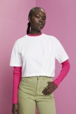 Women Esprit White Cropped crewneck T-shirt T-Shirts XF4444194