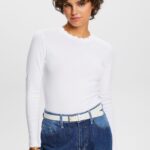 Women Esprit White Long sleeve top with a scalloped neck Long Sleeve XF444432