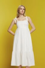 Women Esprit White Midi dress with embroidery, LENZING ECOVERO Dresses XF4444205