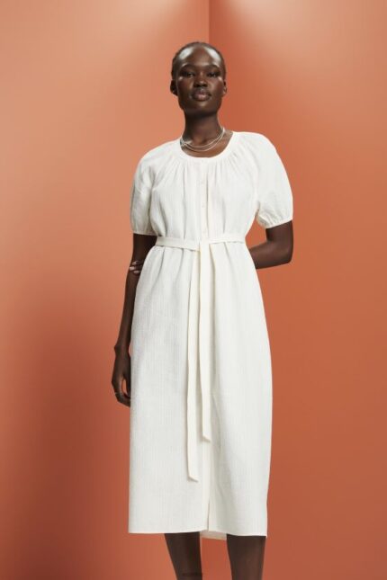 Women Esprit White Midi shirt dress with a tie belt, cotton blend Dresses XF4444235