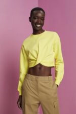 Women Esprit Yellow Cropped knot detail sweatshirt Sweatshirts & Hoodies XF4444219